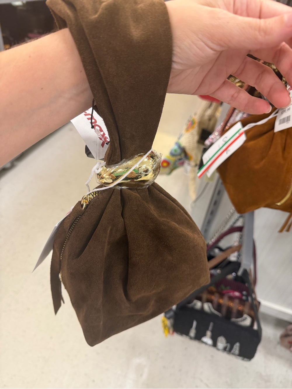 Italian Brown Suede Wristlet Bag with Gold Accent